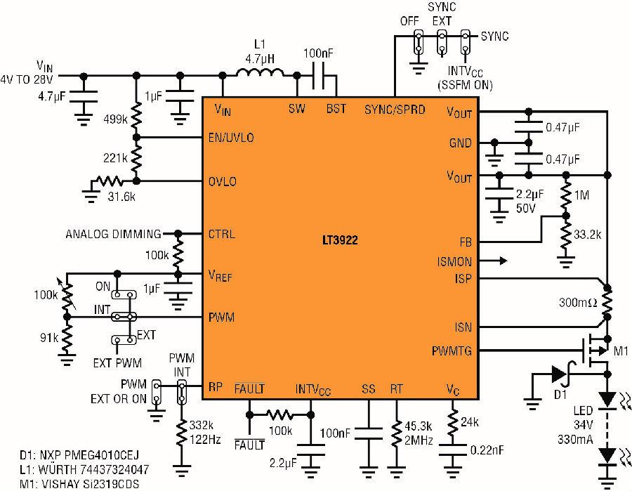 同步、低 EMI LED 驱动器具集成式开关和内部 PWM 调光能力