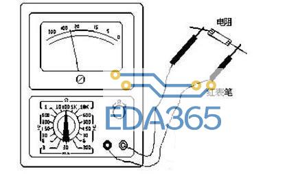 测量电阻：--先将表棒搭在一起短路，使指针向右偏转，随即调整“Ω”调零旋钮，使指针恰好指到0。然后将两根表棒分别接触被测电阻（或电路）两端，读出指针在欧姆刻度线（条线）上的读数，再乘以该档标的数字，就是所测电阻的阻值。例如用R*100挡测量电阻，指针指在80，则所测得的电阻值为80*100=8K。