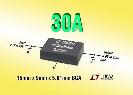采用 9mm x 15mm BGA 封装的 30A、 可扩展至 180A 的 µModule 稳压器