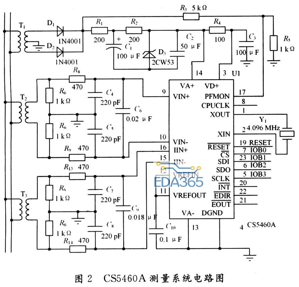 CS5460A在单电源模式下单相2线系统的功率测量的电路图