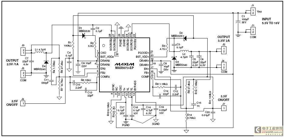MAX5073双通道降压转换器工作于2MHz开关频率的参考设计